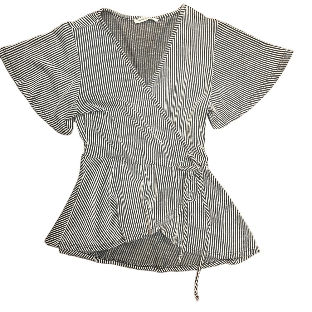 CAUTION TO THE WIND Womens "Size Missing" V-Neck Top Vertical Stripe‎ Side Tie
